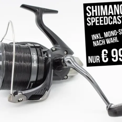 Zum Beispiel bekommt ihr für nur 99,99 Euro die Shimano Speedcast XTB Rolle inklusive einer monofilen Schnur eurer Wahl.