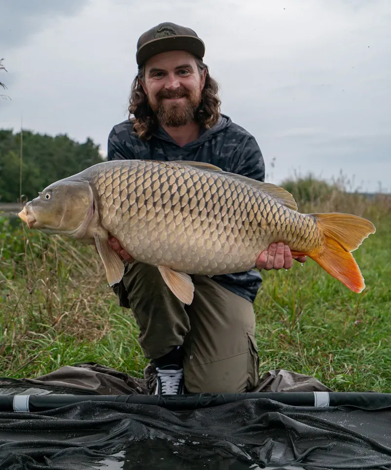 Mark Dörner mit Schuppenkarpfen am Kanal. 