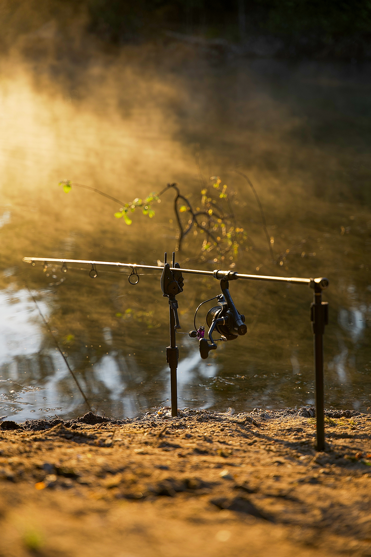 In 30 Nächten Angeln fing Moritz neun Fische an dem See. Karpfenrute am See zum Sonnenaufgang.
