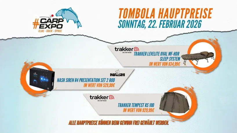 Tombola Hauptpreise am Sonntag der Carp Expo Elbe-Oder-Spree 2026.