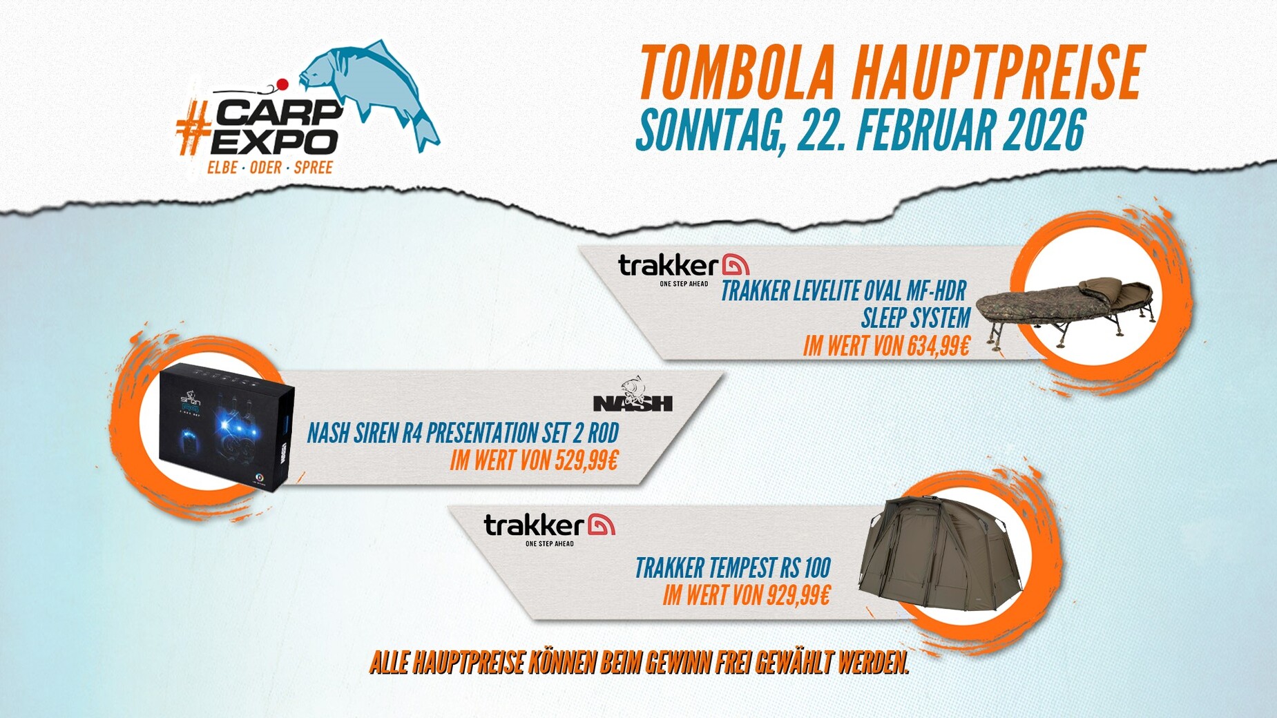 Tombola Hauptpreise am Sonntag der Carp Expo Elbe-Oder-Spree 2026.