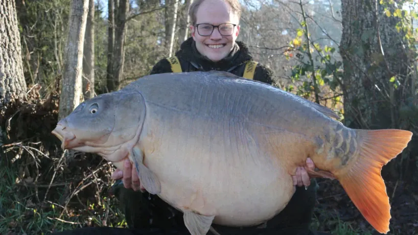 Angler mit großem Spiegelkarpfen