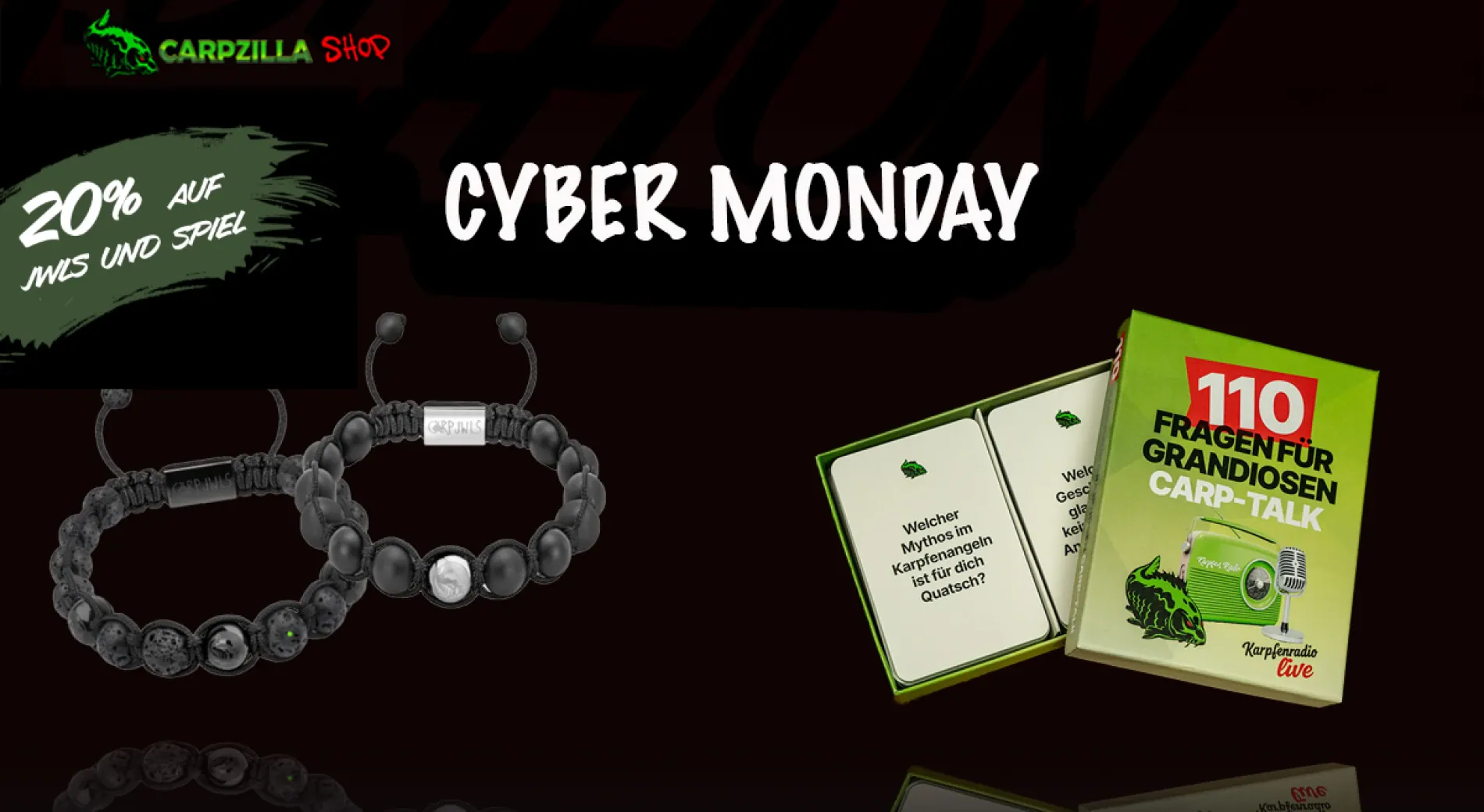 Nur noch heute: 20% Rabatt auf alle Carp JWLS und das Karpfenradio live Kartenspiel im Carpzilla Shop!